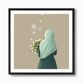 Muslim Girl With Flowers Art Print