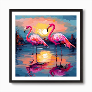 Flamingos At Sunset Art Print by Bella Luna - Fy