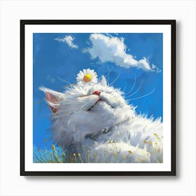 White Cat With Daisy 1 Art Print