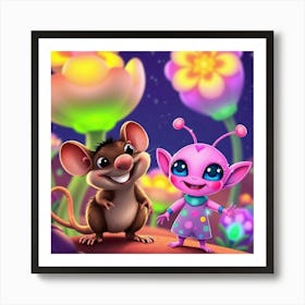 Alien Kid And Cute Little Mouse Art Print