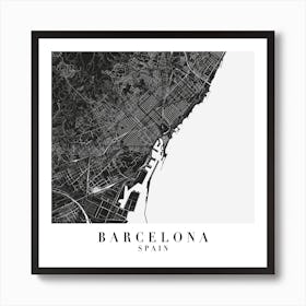 Barcelona Spain Minimal Black Mono Street Map  Square Art Print