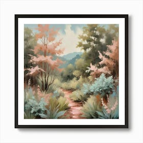 Botanical Plants In Shades Of Blush Pink Soft Blue And Mint Green Art Print