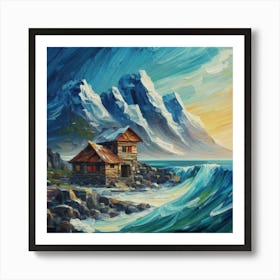 Acrylic and impasto pattern, mountain village, sea waves, log cabin, high definition, detailed geometric Art Print