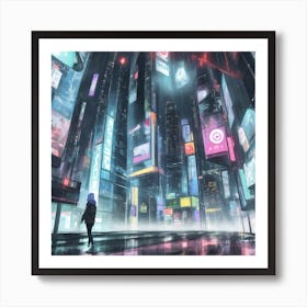 Quiet Rainy Cyber City at Night  Art Print