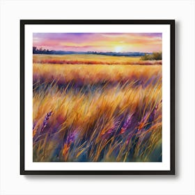 Watercolor Wheat Field At Sunset Art Print