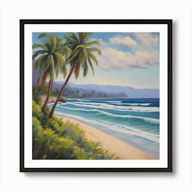 Hawaiian Beach, A Tranquil Beach Scene With Palm Trees And Gentle Waves art print Art Print