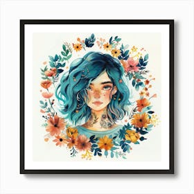 Girl With Blue Hair And Flowers 1 Art Print