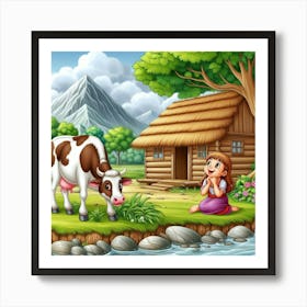 Illustration Of A Girl And A Cow Art Print