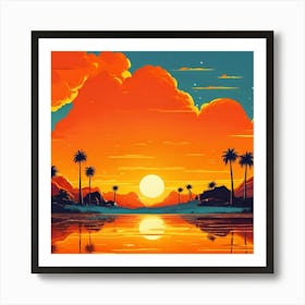 Sunset In The Desert, orange color sunset, attracting sun set , light rase of sun set , palm trees , good looking sunset wall art. grate back ground Art Print