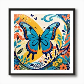 Block Print Butterfly Abstract in Blue I Art Print