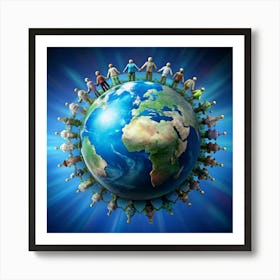 A conceptual image of people holding hands around the Earth. Art Print