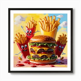 Cartoon Burger And French Fries Characters Art Print