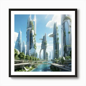 a futuristic cityscape that blends sleek skyscrapers with lush greenery, soaring bridges, and cascading waterfalls Art Print