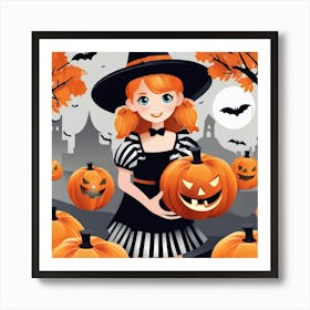 Halloween Girl With Pumpkins Art Print