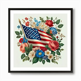 American Flag Adorned With Vibrant Flowers And Green Leaves, Symbolizing Patriotism And Nature S Beauty Art Print