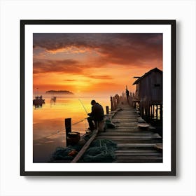 Sea Fisherman Mending Nets On A Rustic Wooden Dock At Dawn Mist Rolling Over Calm Waters Silhouett 537540339 Art Print