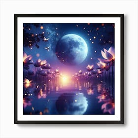 Lotus Flower At Night Art Print