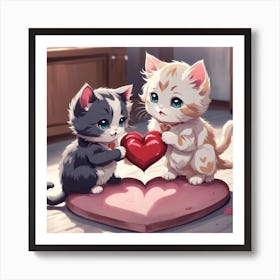 Two Kittens Holding A Heart Art Print