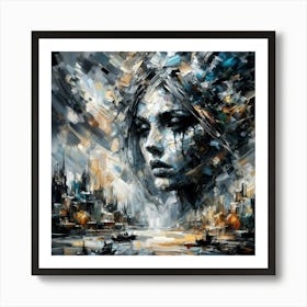 Brooding Woman Face in Abstract Cityscape Art Print