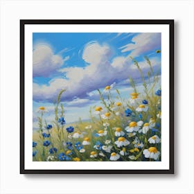 Beautiful Field Meadow Flowers Chamomile Blue Wild Peas In Morning Against Blue Sky With Clouds Nature Landscape Close Up Macro Wide Format Copy Space Delightful Pastoral Airy Artistic Image 1 Art Print