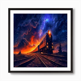 Train In The Night Sky, drawing night train rides drawing night train rides vibrant colors generative ai Art Print