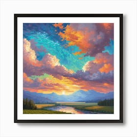 A Landscape Painting With , sun rase pic cell art print 3 Art Print