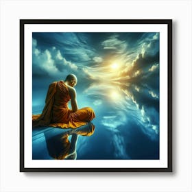 Meditating Monk By A Lake In The Morning Color Painting Art Print