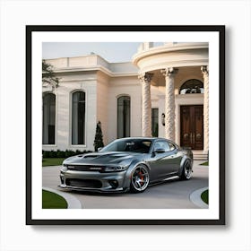 A Sleek Grey Dodge Hellcat With A Full Body Kit Is Parked Majestically In Front Of A Stunning, Mansion (1) Art Print