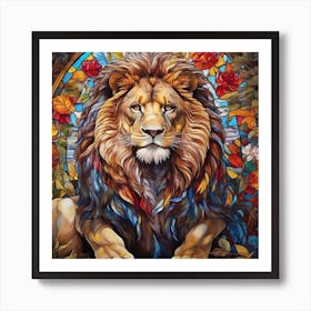 Lion With Roses Art Print