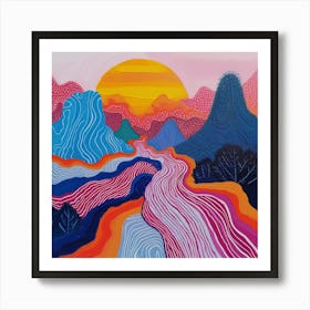  'Chromatic Valleys', a visual celebration of the natural world's rhythmic contours and the vivid dance of dusk and dawn. This artwork is a symphony of color, with flowing lines that echo the movement of rivers through mystical landscapes under a warming sky.  Nature-Inspired Art, Colorful Landscapes, Dusk and Dawn.  #ChromaticValleys, #NatureArt, #LandscapeColors.  'Chromatic Valleys' brings the enchanting beauty of the outdoors into your space with a modern, stylized twist. Perfect for those who wish to add a splash of color and the essence of sunrise serenity to their surroundings. This piece is sure to captivate and add a vibrant energy to any room. Art Print