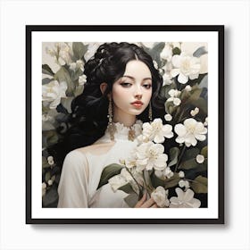 Chinese Woman With Flowers Art Print