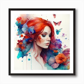 Watercolor Floral Red Hair Woman #4 Art Print