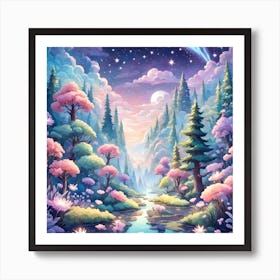 A Fantasy Forest With Twinkling Stars In Pastel Tone Square Composition 81 Art Print