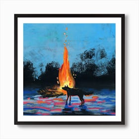 winter dog fire animal fireplace campfire blue arctic black evening night painting square bedroom living room Art Print
