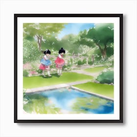 Two Girls In A Garden Art Print
