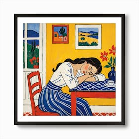 Woman Sleeping At The Table Art Print