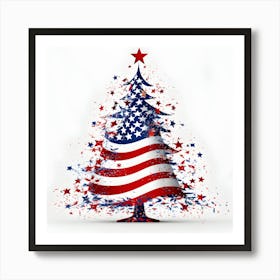 Patriotic Christmas Tree Illustration: Red, White, and Blue Holiday Art for Festive Décor Art Print