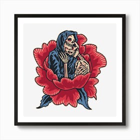 Skeleton On A Rose Art Print