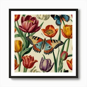 Tulips And Butterflies 3 Art Print