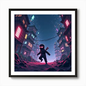 Ninja Evading Enemies In A Neon Lit, Chaotic World 1 Art Print