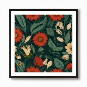 Seamless Pattern With Red Flowers 1 Art Print