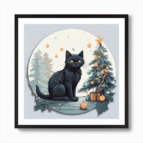 Black Cat With Christmas Tree Art Print