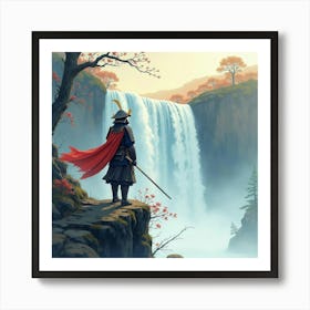 Samurai In Golden Armor At The Top Of A Waterfall, Watercolor Design 1 Art Print