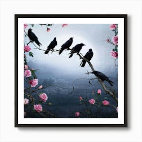 Atmospheric Digital Painting Of Seven Black Crows Perched On Intertwined Thorny Branches Surrounde Art Print