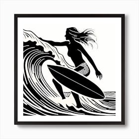 Surfer Girl On A Beach Linocut Black And White Painting Solid White Background, INTO THE WATER, surfing Art Print