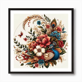 Peacock And Flowers Art Print