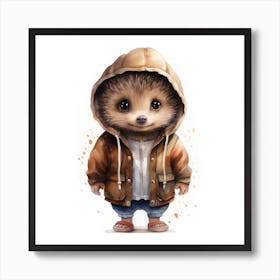 Watercolour Cartoon Hedgehog In A Hoodie 2 Art Print