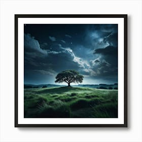 Live Action Photo Single Tree Centered On A Meadow Plateau Under A Night Sky Darkness Envelops The Art Print