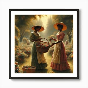 Two Women Picking Strawberries Art Print