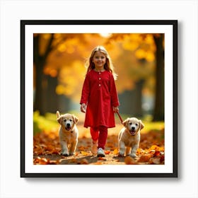 Little Girl With Dogs In Autumn 1 Poster